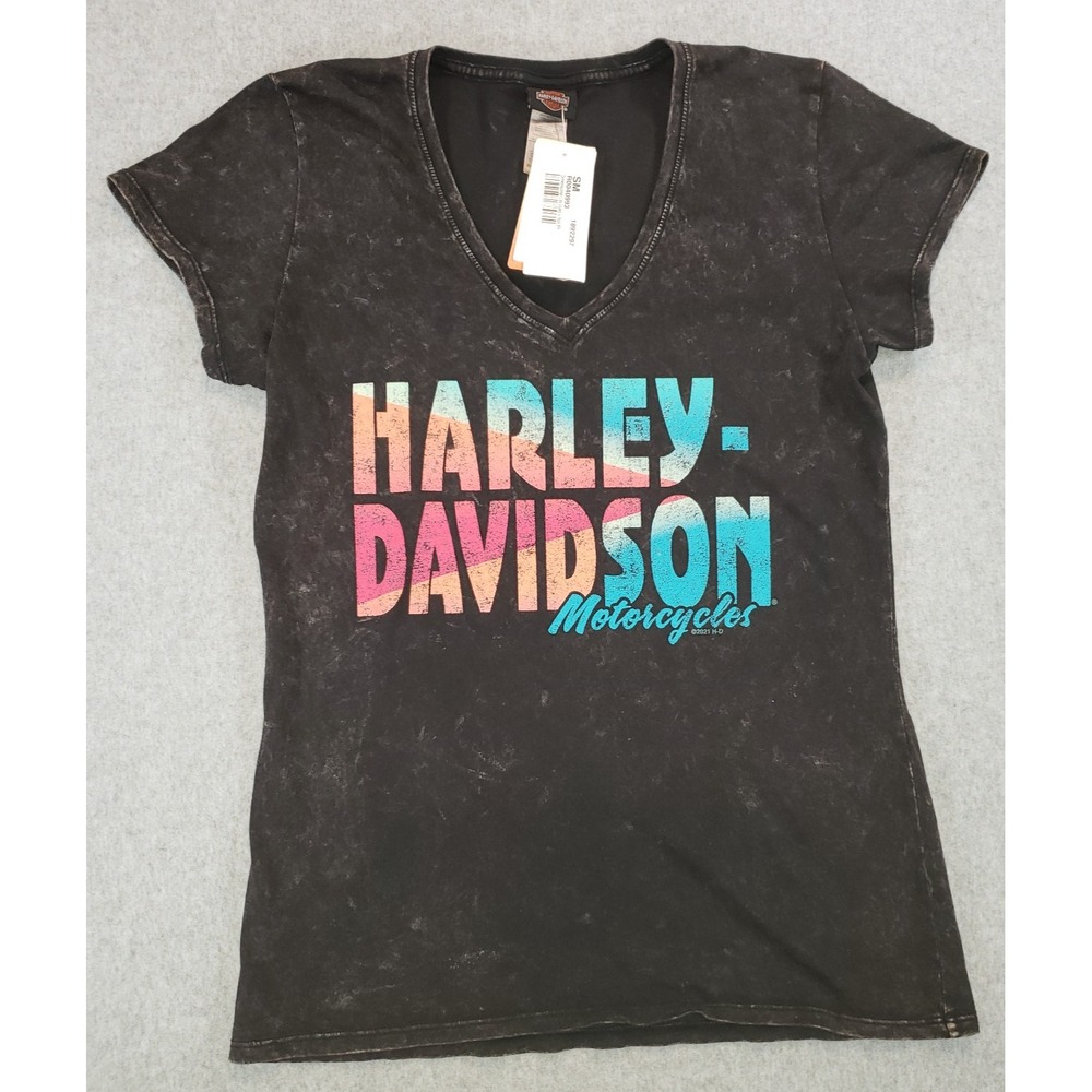 Harley-Davidson Womens Graphic T-Shirt V Neck Acid Wash Black Sz S Cox NEW
